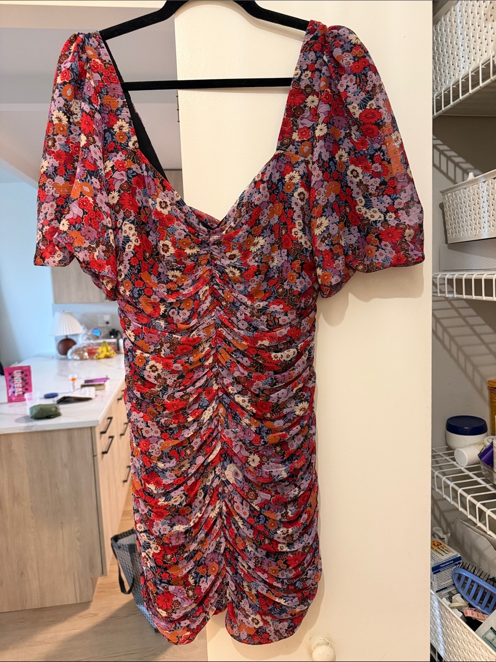 Zara Red Floral Ruched Puff-Sleeve Mini Dress